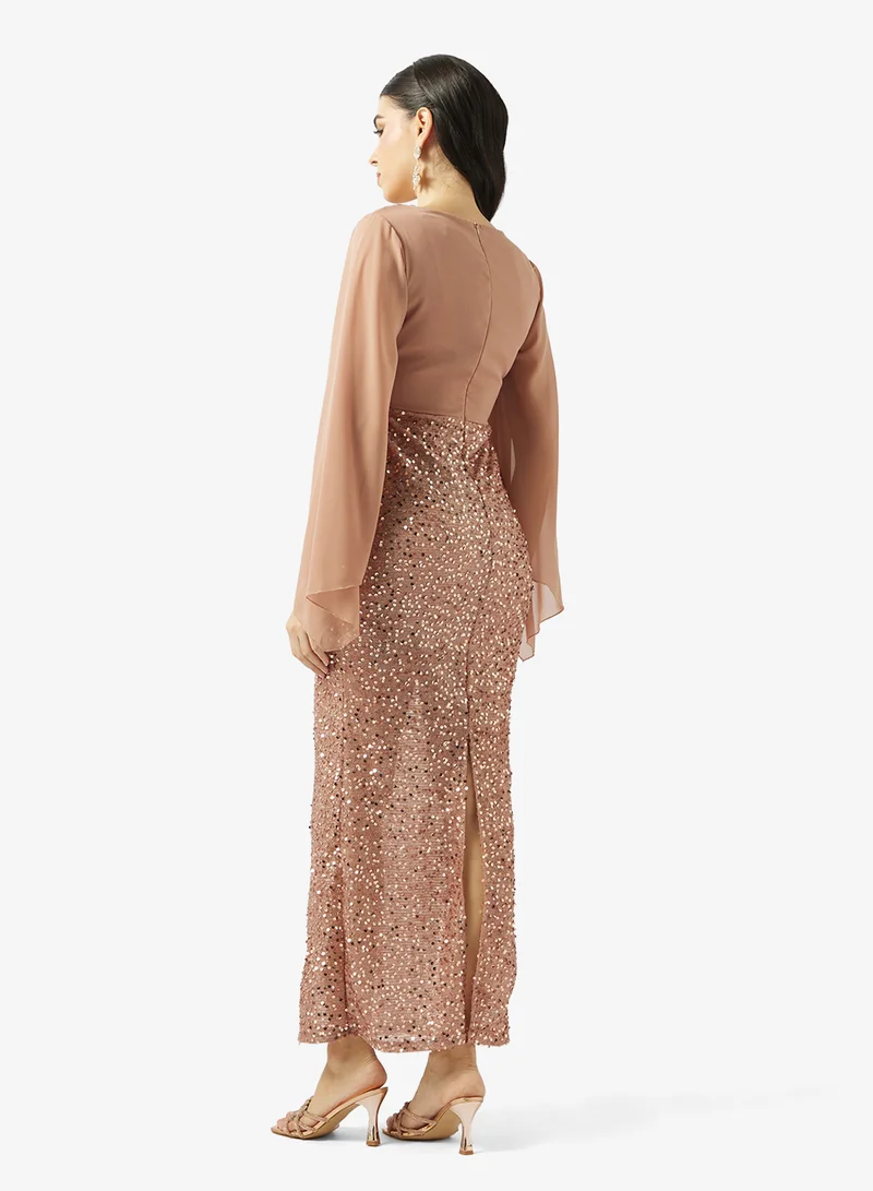 Khizana Shimmer Dress With Flutter Sleeves